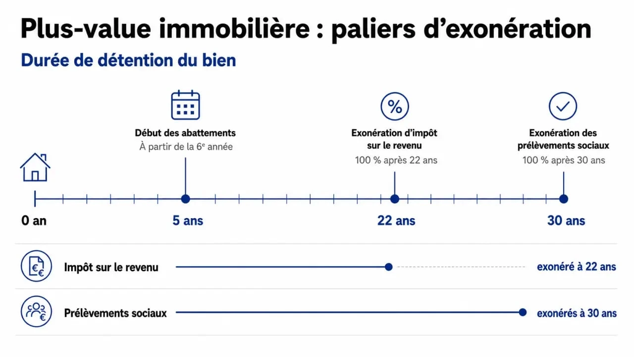 Infographie des paliers d'exonération de plus-value immobilière selon la durée de détention