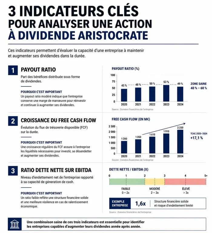 Infographie des indicateurs financiers pour sélectionner une action à dividende aristocrate