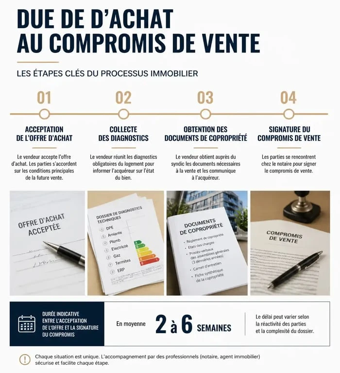 Infographie du délai entre l'offre d'achat et le compromis de vente immobilier