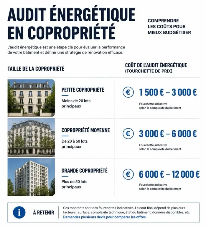 Infographie des coûts d'un audit énergétique en copropriété selon la taille du bâtiment