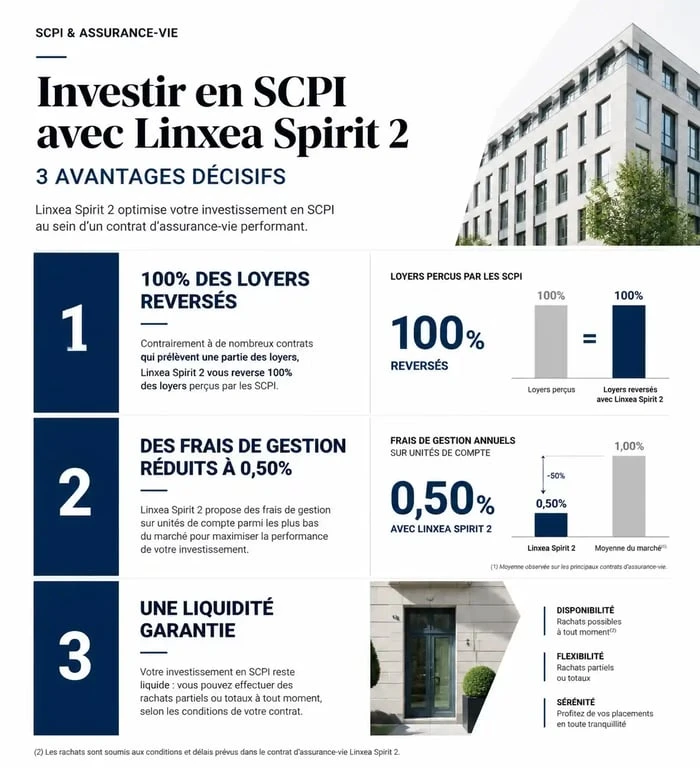 Avantages de l'investissement en SCPI avec le contrat Linxea Spirit 2 : frais réduits et reversement des loyers