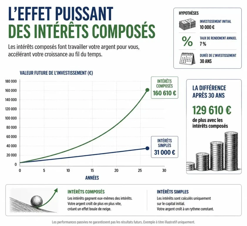 Graphique comparatif montrant la croissance exponentielle des intérêts composés par rapport aux intérêts simples
