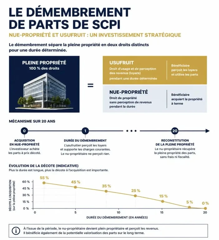 Schéma explicatif du fonctionnement de la SCPI en nue-propriété et de la décote selon la durée du démembrement