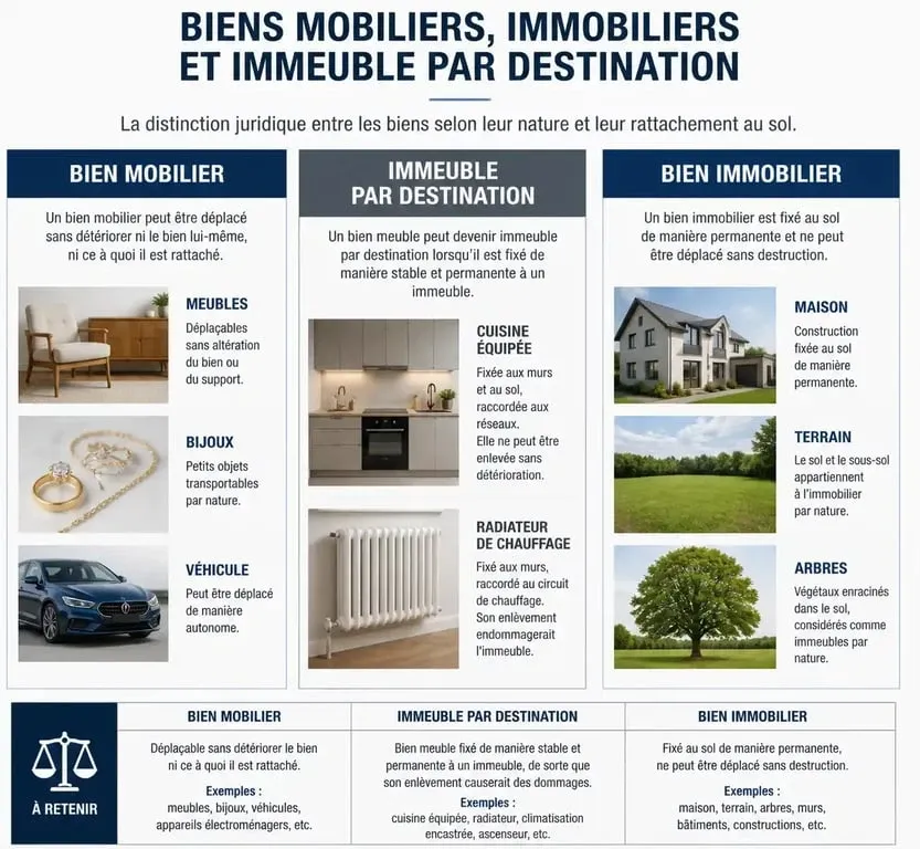 Infographie comparative entre bien mobilier et bien immobilier pour comprendre la distinction juridique