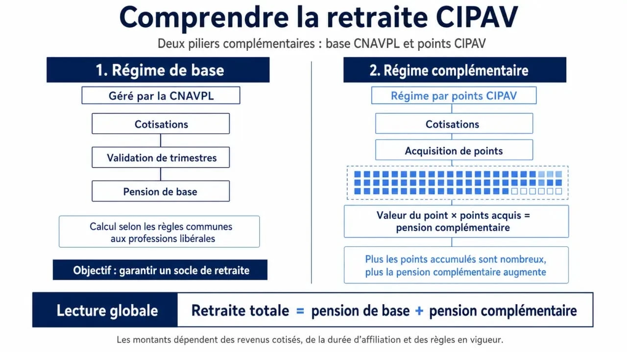 Schéma explicatif du fonctionnement de la retraite CIPAV pour les professions libérales