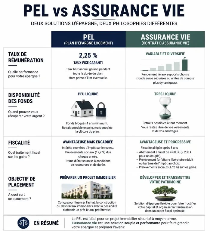 Comparatif PEL et assurance vie : différences de rendement, fiscalité et disponibilité pour choisir son placement.