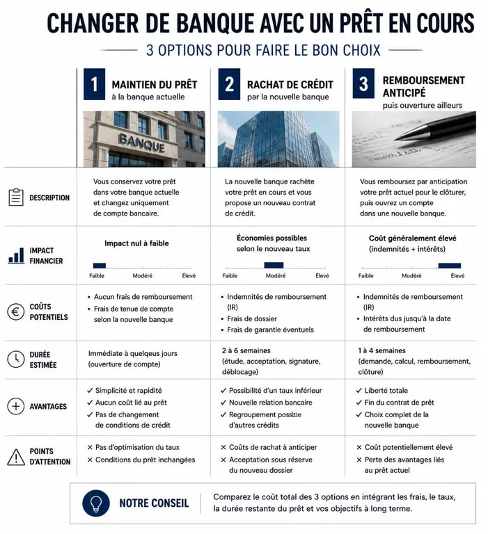 Comparatif des options pour changer de banque avec un prêt immobilier en cours : maintien, rachat ou remboursement anticipé.