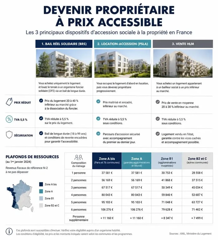 Infographie comparative des dispositifs d'accession sociale à la propriété : BRS, PSLA et vente HLM pour comprendre les aides et conditions.