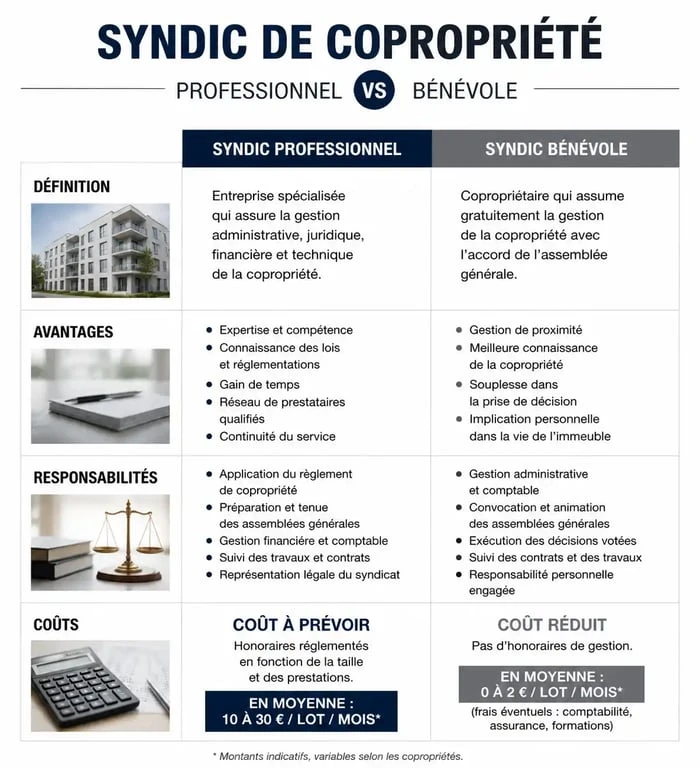 Infographie comparative entre syndic professionnel et syndic bénévole pour la gestion de copropriété