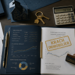 krach immobilier documents financiers et maquette maison