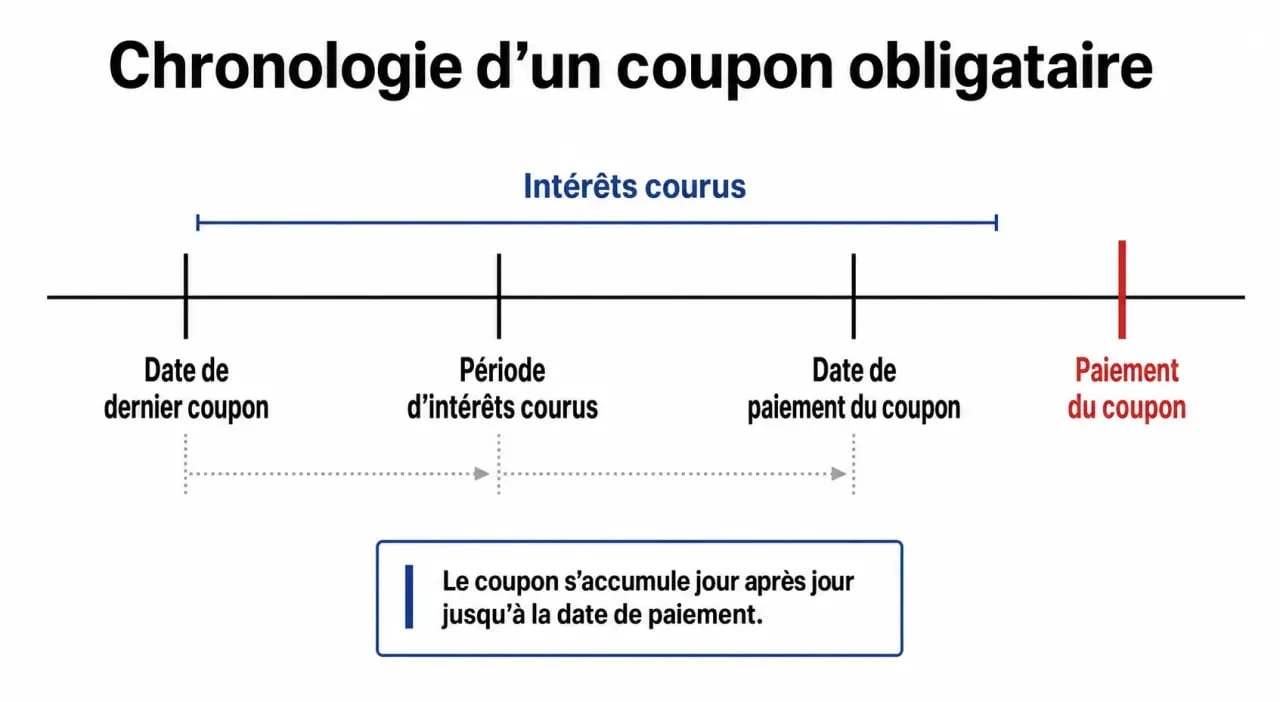 Schéma explicatif du calcul des intérêts courus sur une obligation