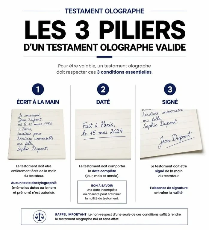 Infographie des trois règles d'or pour la validité d'un modèle gratuit de testament olographe