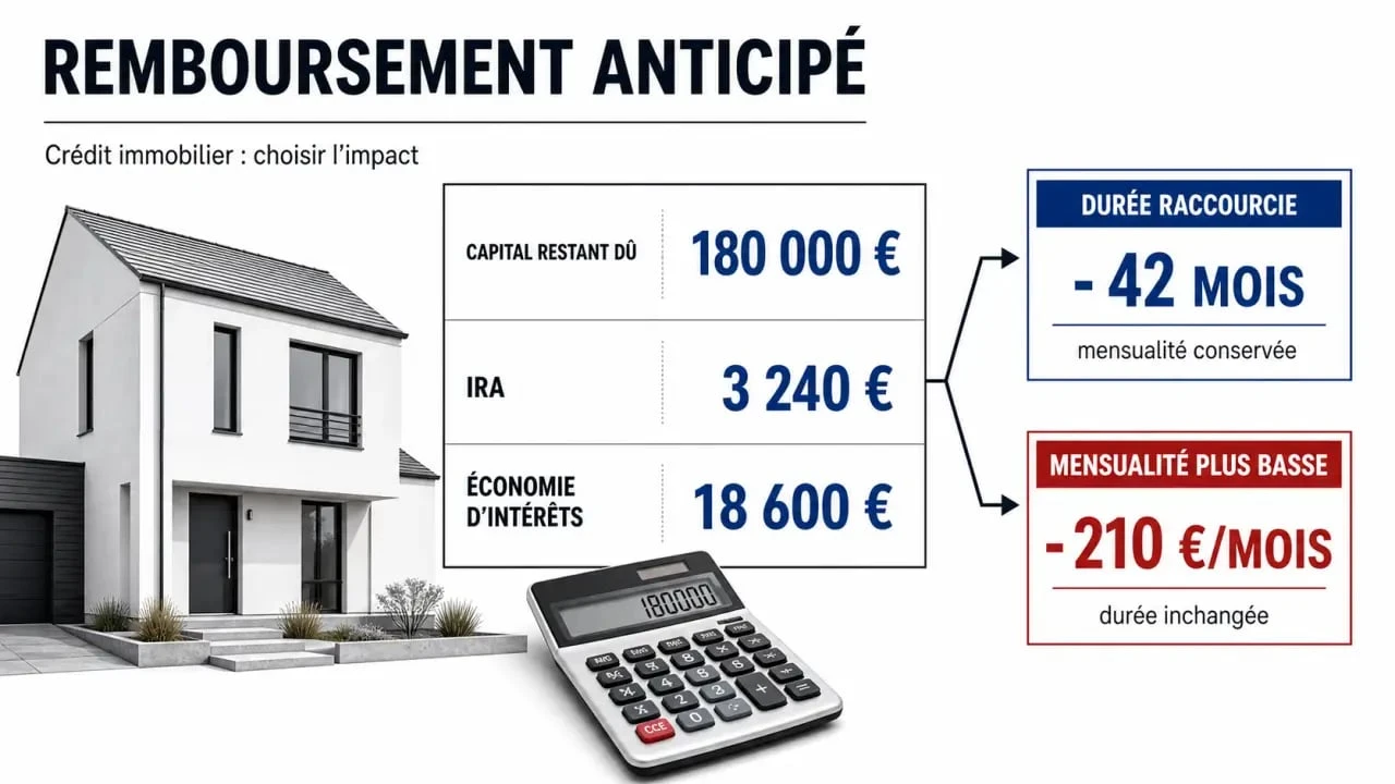 Simulateur remboursement anticipé crédit immobilier avec comparaison entre durée réduite et mensualité réduite, IRA et économie d’intérêts