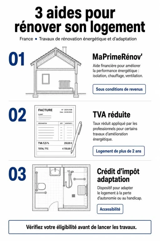 Infographie récapitulative des aides et crédits d'impôt pour les travaux de rénovation maison