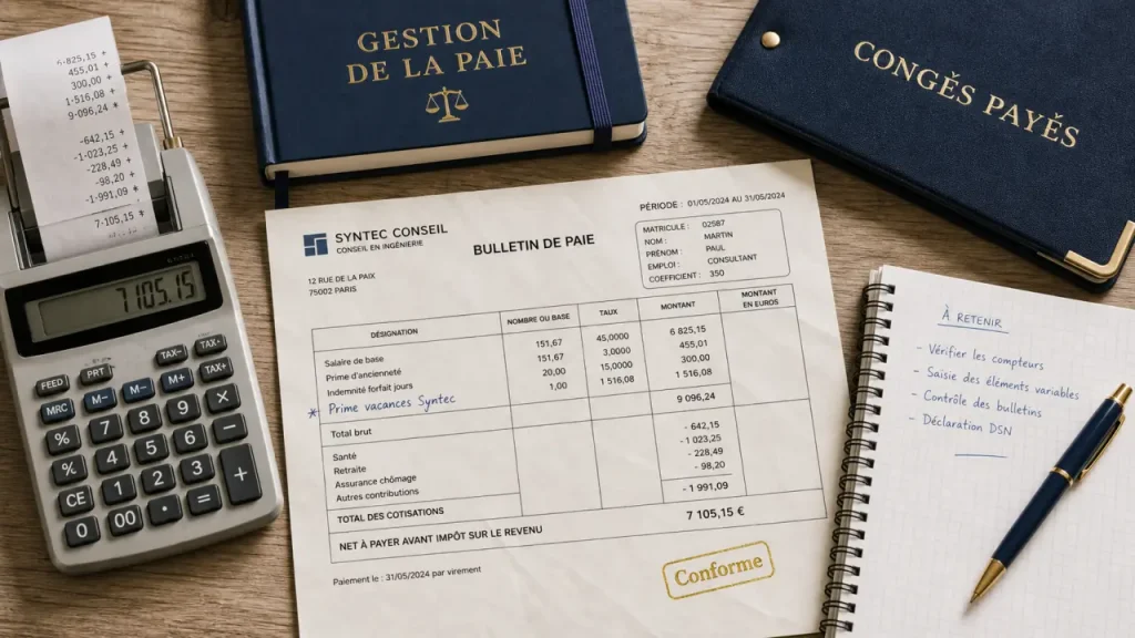 Syntec prime de vacances : calcul des 10% et contrôle sur bulletin de paie