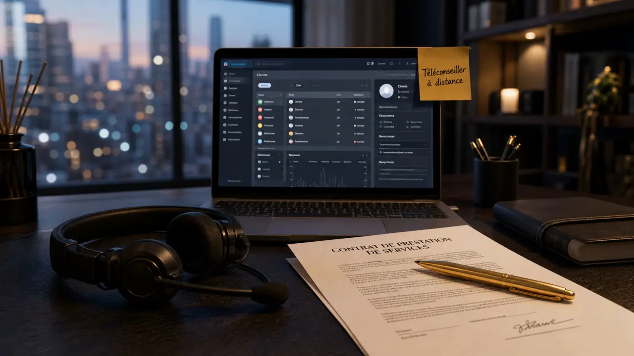 teleconseiller teletravail : casque CRM et contrat au bureau à domicile