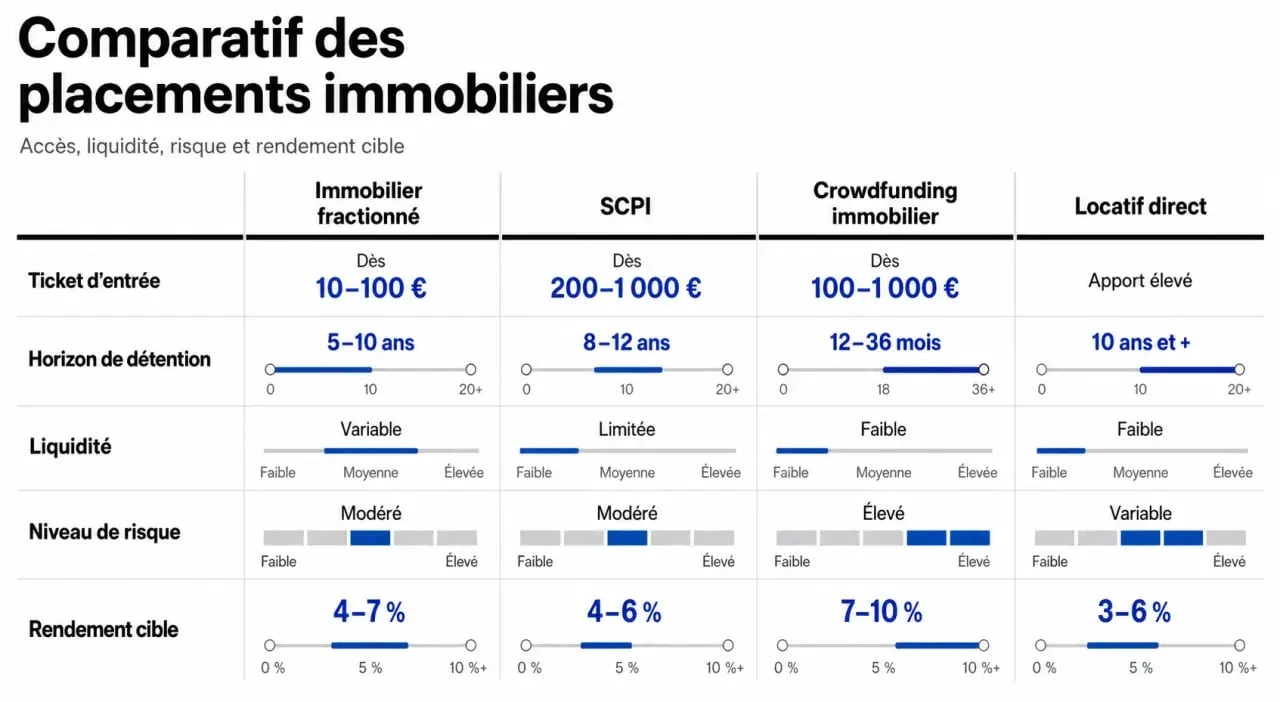 Investissement immobilier fractionné comparé à la SCPI, au crowdfunding immobilier et au locatif direct