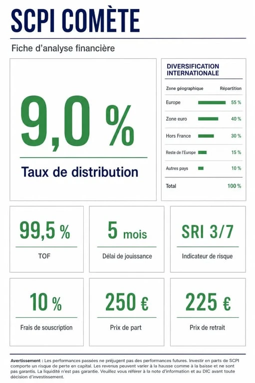 SCPI Comète avis : synthèse visuelle des rendements, frais, TOF et délai de jouissance