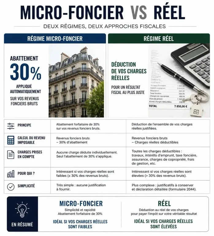 Comparaison visuelle entre le régime micro-foncier et le régime réel pour louer sa maison avec un crédit en cours