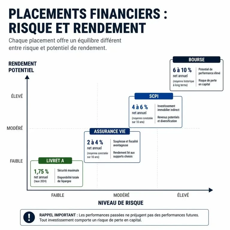 Infographie comparative des placements financiers pour savoir où mettre son argent en 2026 selon le risque et le rendement