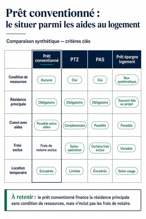 Prêts conventionnés : visuel comparatif des conditions, du cumul avec d’autres aides et des règles d’occupation