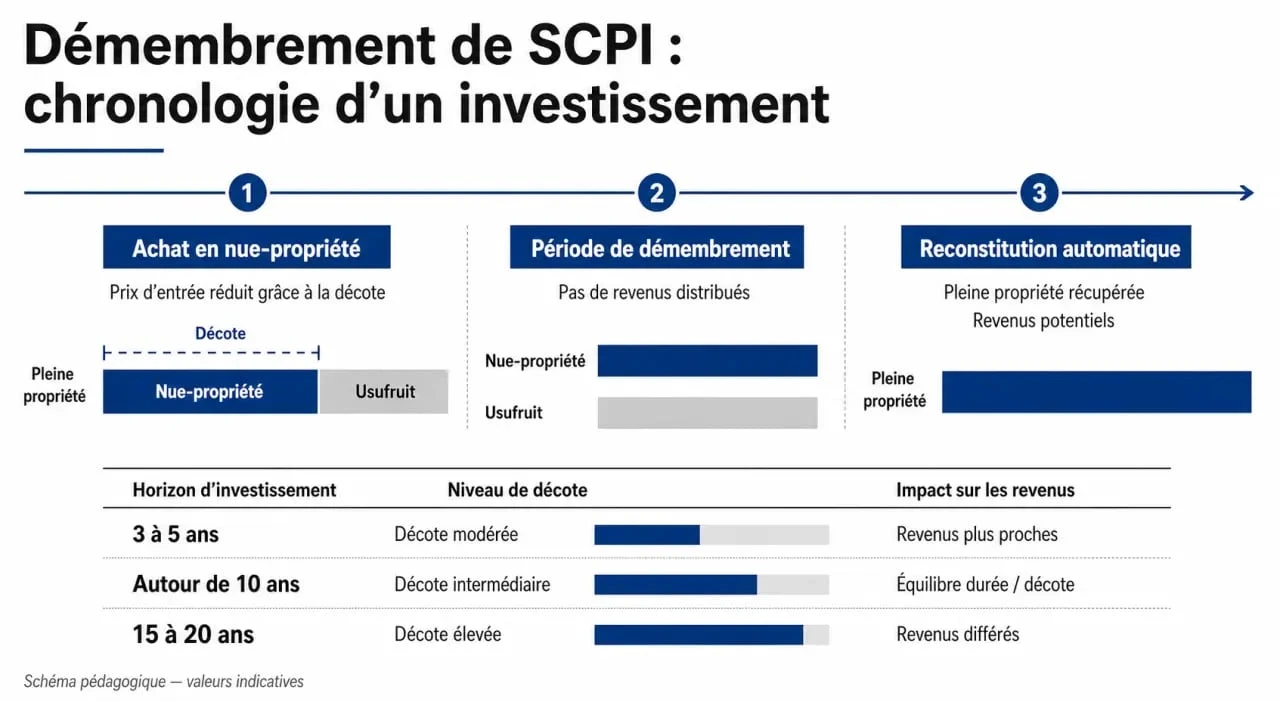 Simulation SCPI démembrement : schéma comparatif des durées, de la décote et de la reconstitution de la pleine propriété