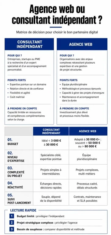 Infographie agence web vs consultant indépendant pour comparer budget, expertise et suivi