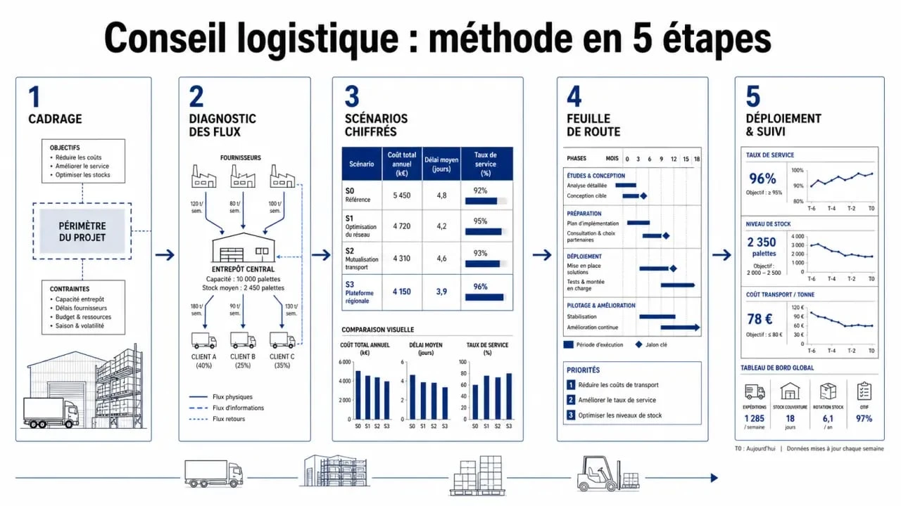 Cabinet de conseil logistique : schéma des 5 étapes d’une mission supply chain