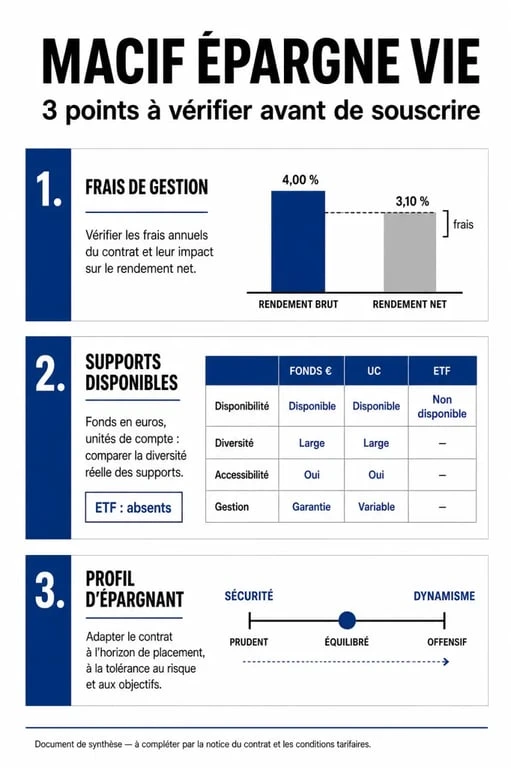 Assurance vie macif avis : infographie sur les frais, les supports et le profil adapté