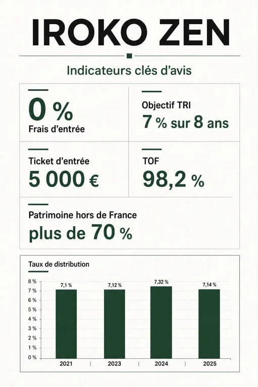 Infographie scpi iroko zen avis : frais, rendement et indicateurs clés