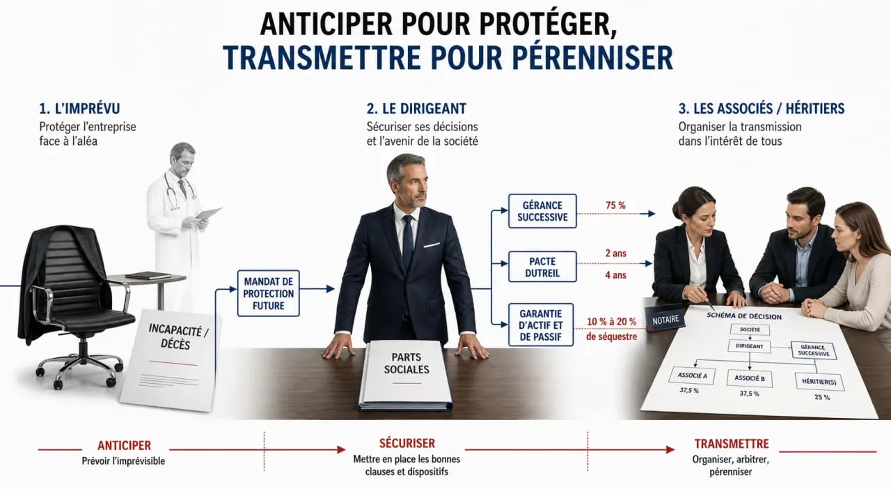Sécuriser la transmission de parts sociales en cas d’imprévu professionnel avec un schéma éditorial des outils juridiques et fiscaux