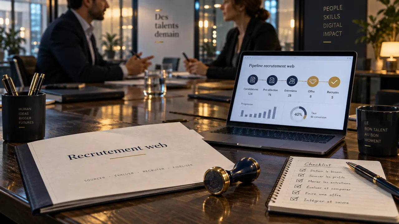 Cabinet recrutement web : dossier recrutement sur table, erreur réduite sur profils pénuriques