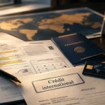 Crédit international : table, dossier de prêt et passeport, apport et assurance