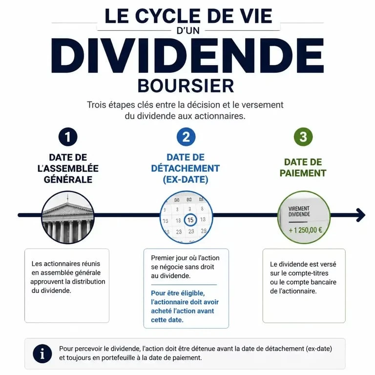 Schéma explicatif du calendrier dividende 2026 : détachement et paiement