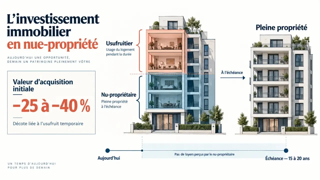 Infographie nue propriété investir : séparation entre usufruit, nue-propriété et pleine propriété