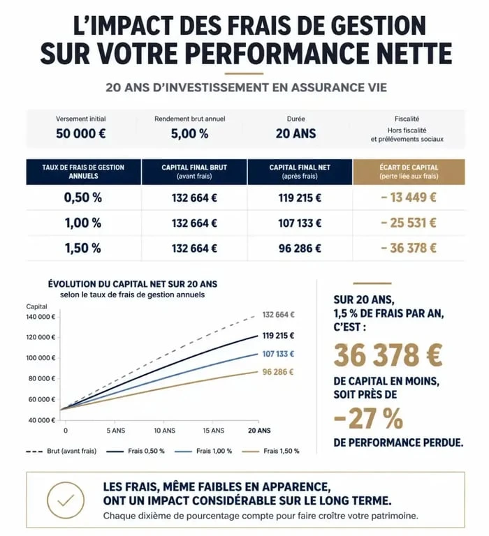 Infographie sur l'impact des frais de gestion sur l'assurance vie Matmut Complice Vie