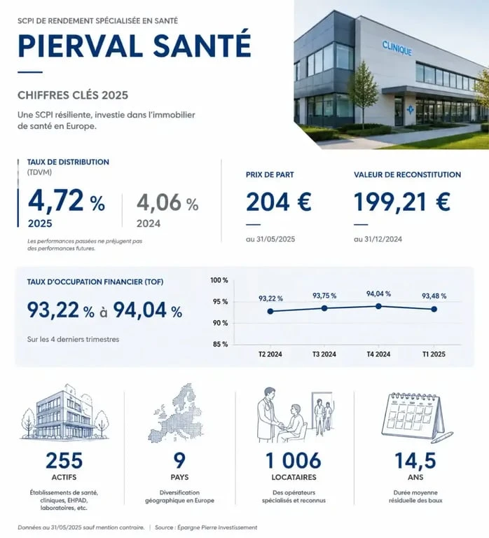 SCPI Pierval Santé rendement et indicateurs clés avec prix de part, valeur de reconstitution et taux de distribution