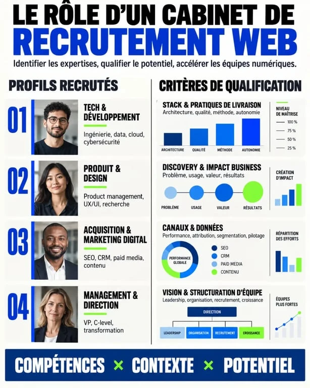 Infographie sur les métiers et critères de qualification d’un cabinet de recrutement web