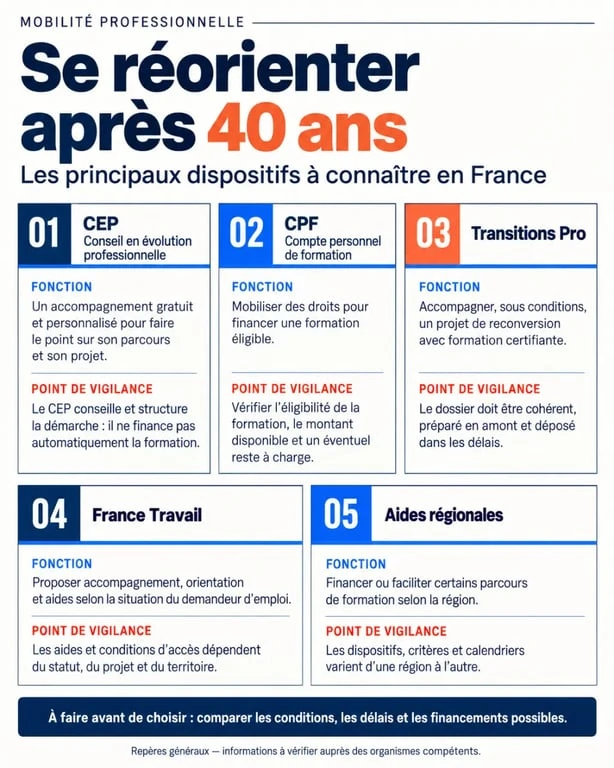 Infographie sur la réorientation après 40 ans et les aides gratuites de LeCoinReconversion gratuit