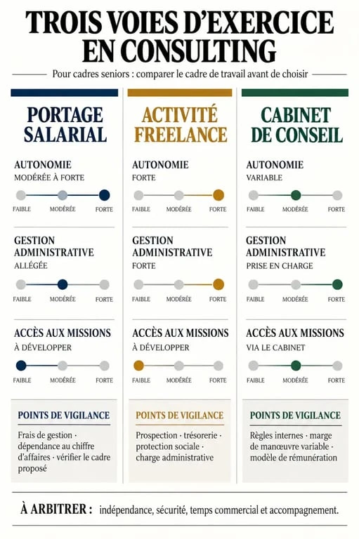 Infographie sur les cadres seniors en consulting et les trois cadres d’exercice : portage salarial, freelance et cabinet de conseil