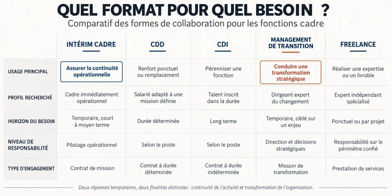Infographie comparative sur l’intérim cadre, le CDD, le CDI, le management de transition et le freelance