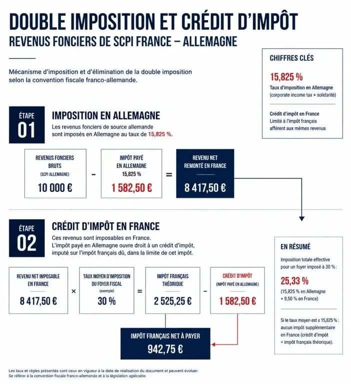 Schéma du mécanisme de fiscalité SCPI allemande et crédit d'impôt franco-allemand