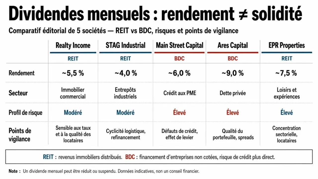 Actions à dividendes mensuels : comparatif des 5 valeurs citées, avec rendement, secteur et risque