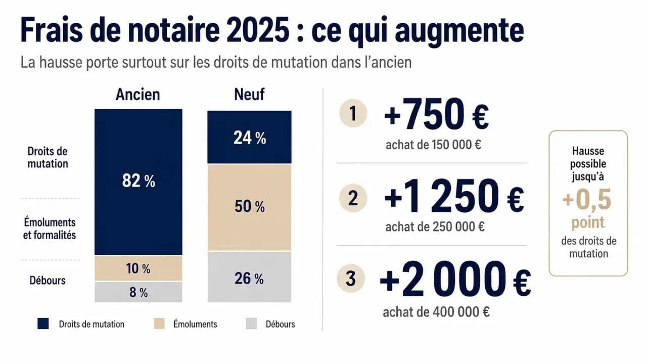 Augmentation frais de notaire 2025 : infographie sur la hausse des droits de mutation et le surcoût selon le prix du bien
