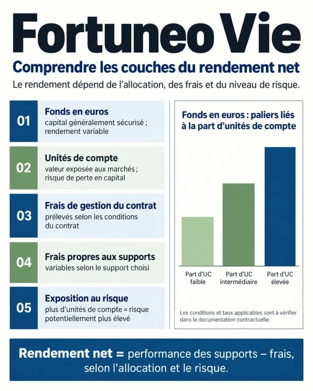 Infographie sur les frais, les fonds en euros et les unités de compte de Fortuneo Vie