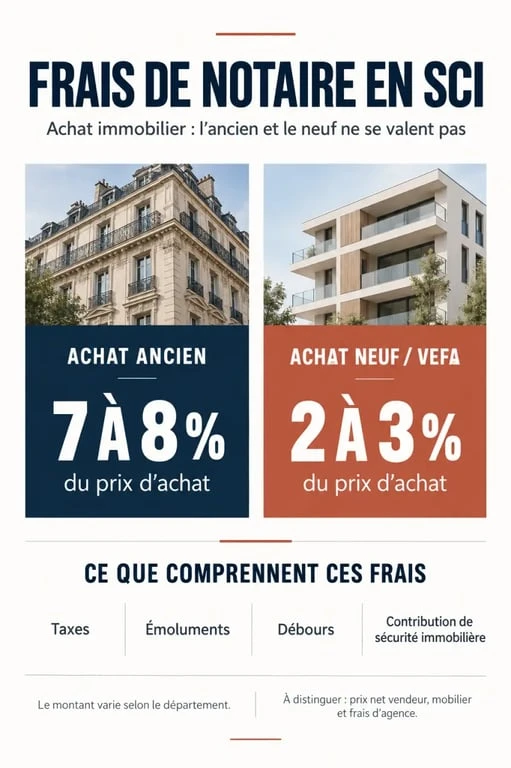 Infographie sur les frais de notaire en SCI dans l'ancien et le neuf