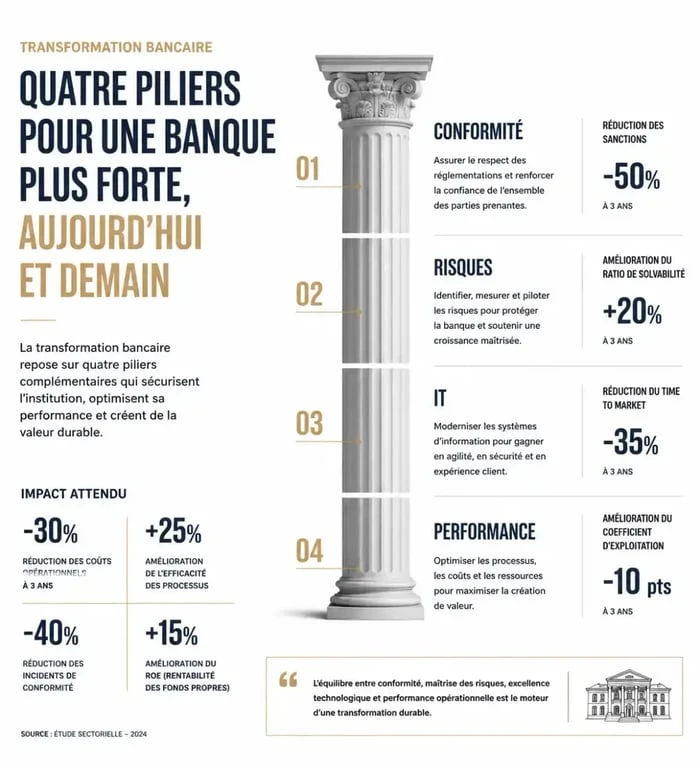 Schéma des domaines d'expertise d'un cabinet de conseil banque pour la transformation financière