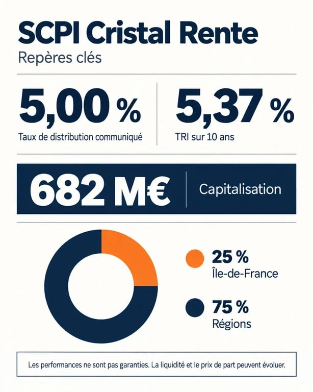 Infographie de la SCPI Cristal Rente avec taux de distribution, TRI et répartition géographique