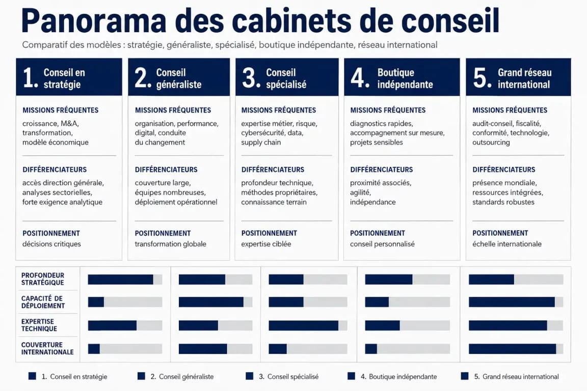 Cabinet de conseil : panorama comparatif des principaux types, missions et différenciateurs