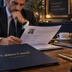 Cabinet de conseil recrutement : consultant lit un dossier de recrutement sur bureau avec grille d’évaluation
